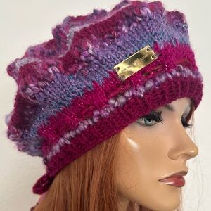 Hand Knits 2 Love Slouch Beanie Hat Cap Adjustable Fit Decorative Beads Purple